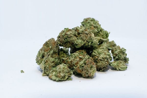 Dried cannabis buds on a white surface; highlighting methods of drying and curing cannabis